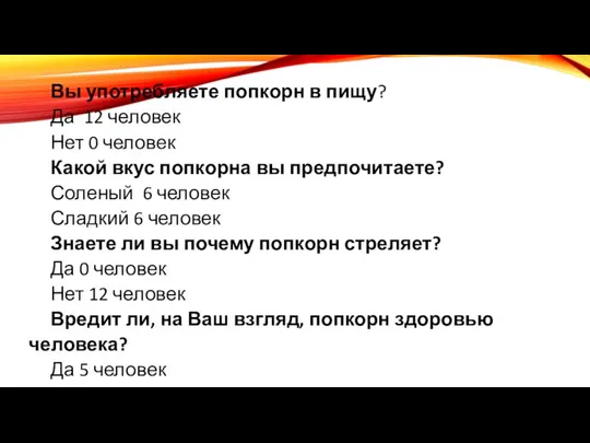 Вы употребляете попкорн в пищу? Да 12 человек Нет 0 человек Какой