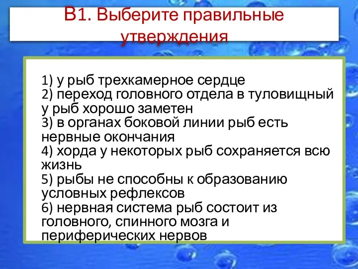 В1. Выберите правильные утверждения 1) у рыб трехкамерное сердце 2) переход головного