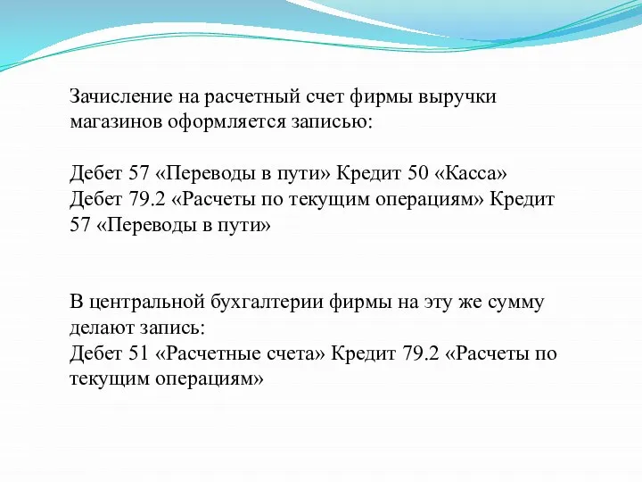 Зачисление на расчетный счет фирмы выручки магазинов оформляется записью: Дебет 57 «Переводы