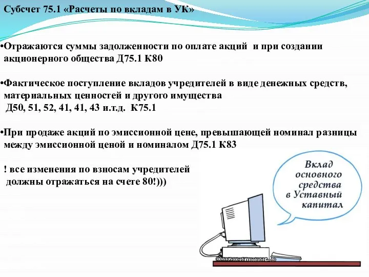 Субсчет 75.1 «Расчеты по вкладам в УК» Отражаются суммы задолженности по оплате