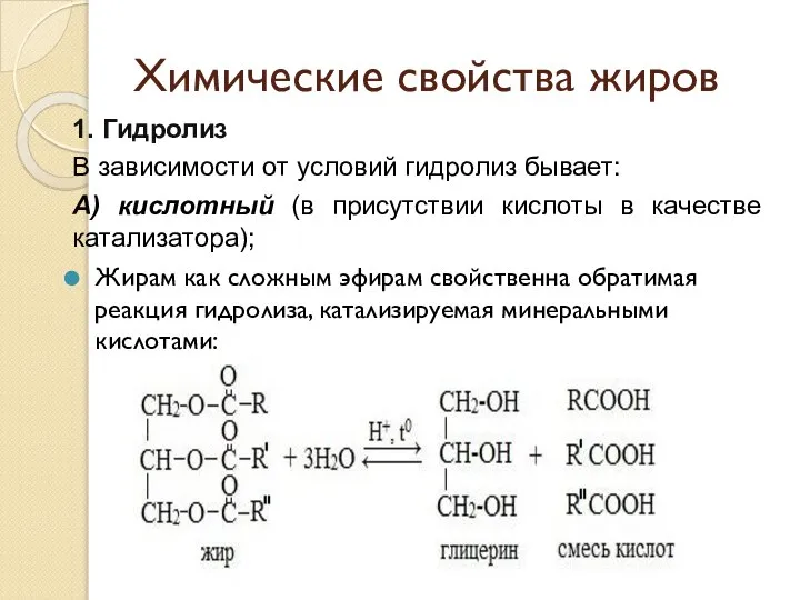 Химические свойства жиров 1. Гидролиз В зависимости от условий гидролиз бывает: А)
