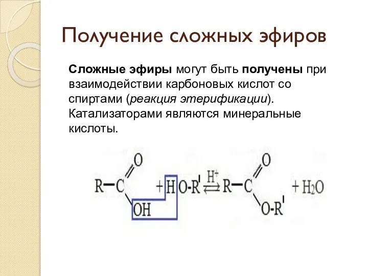 Получение сложных эфиров Cложные эфиры могут быть получены при взаимодействии карбоновых кислот