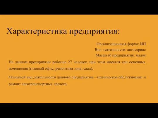 Характеристика предприятия: Организационная форма: ИП Вид деятельности: автосервис Масштаб предприятия: малое На