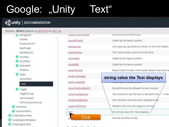 Google: „Unity Text“ string value the Text displays Click