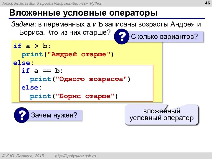 Вложенные условные операторы if a > b: print("Андрей старше") else: if a