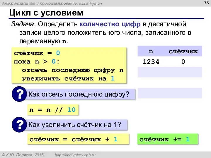 Цикл с условием Задача. Определить количество цифр в десятичной записи целого положительного