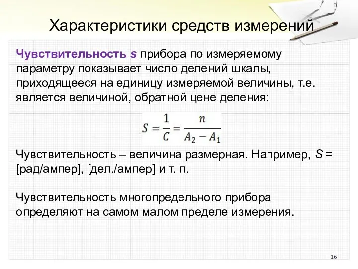 Характеристики средств измерений Чувствительность s прибора по измеряемому параметру показывает число делений