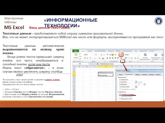 «ИНФОРМАЦИОННЫЕ ТЕХНОЛОГИИ» Электронные таблицы MS Excel Текстовые данные - представляют собой строку