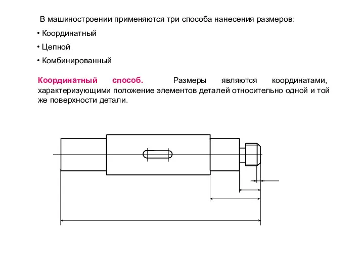 В машиностроении применяются три способа нанесения размеров: Координатный Цепной Комбинированный Координатный способ.