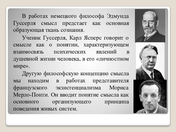 В работах немецкого философа Эдмунда Гуссерля смысл предстает как основная образующая ткань