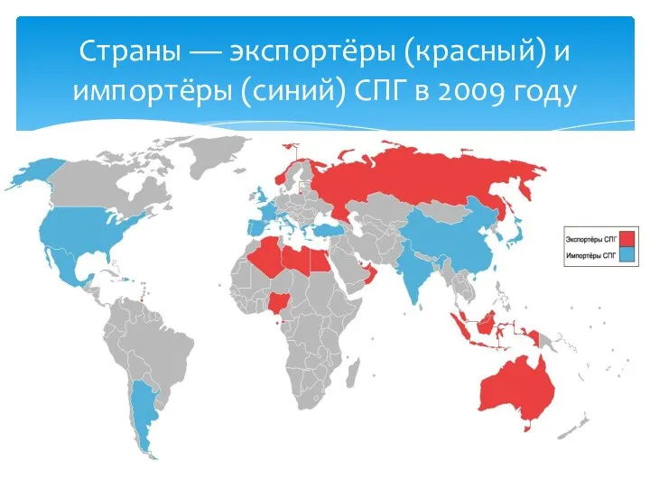 Страны — экспортёры (красный) и импортёры (синий) СПГ в 2009 году