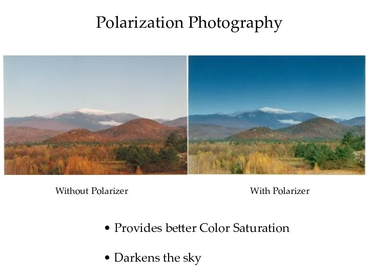 Polarization Photography Without Polarizer With Polarizer Provides better Color Saturation Darkens the sky