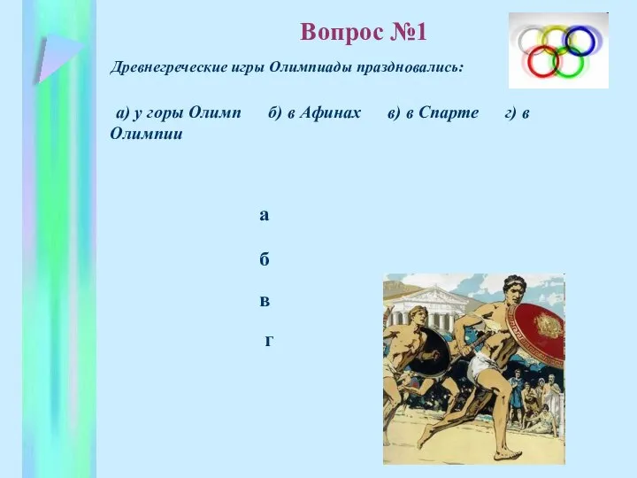 б в а г Древнегреческие игры Олимпиады праздновались: а) у горы Олимп