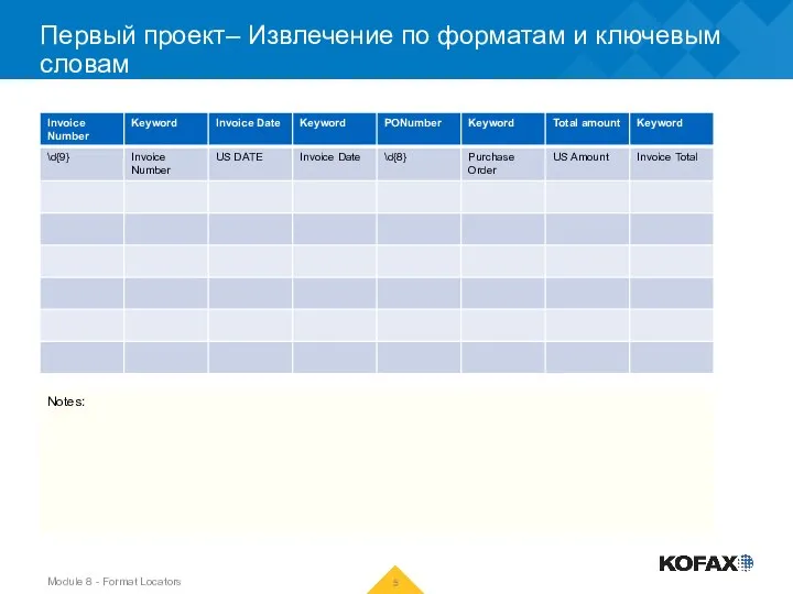 Первый проект– Извлечение по форматам и ключевым словам Notes: Module 8 - Format Locators