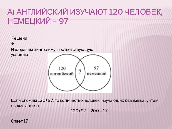 А) АНГЛИЙСКИЙ ИЗУЧАЮТ 120 ЧЕЛОВЕК, НЕМЕЦКИЙ – 97 Изобразим диаграмму, соответствующую условию