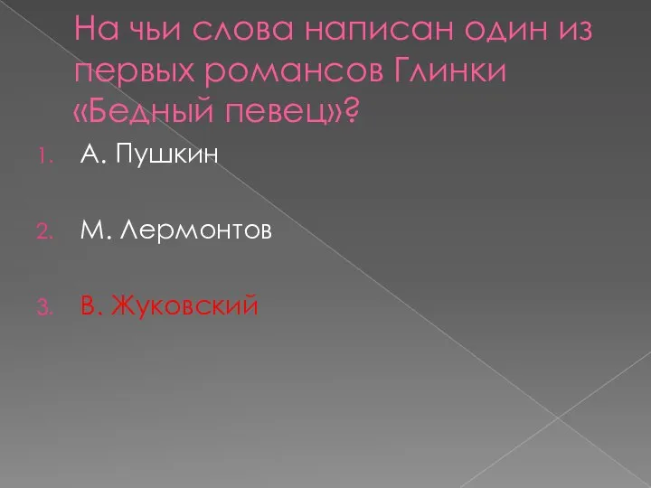 На чьи слова написан один из первых романсов Глинки «Бедный певец»? А.