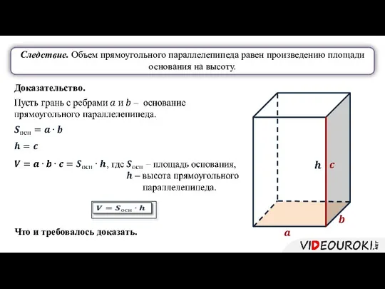 Следствие. Объем прямоугольного параллелепипеда равен произведению площади основания на высоту. Доказательство. Что и требовалось доказать.