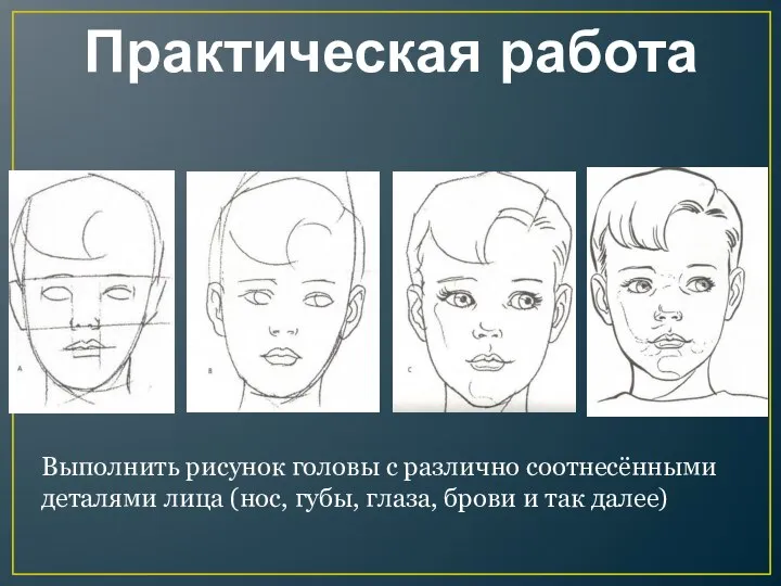 Практическая работа Выполнить рисунок головы с различно соотнесёнными деталями лица (нос, губы,
