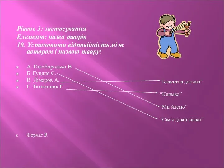 Рівень 3: застосування Елемент: назва творів 10. Установити відповідність між автором і