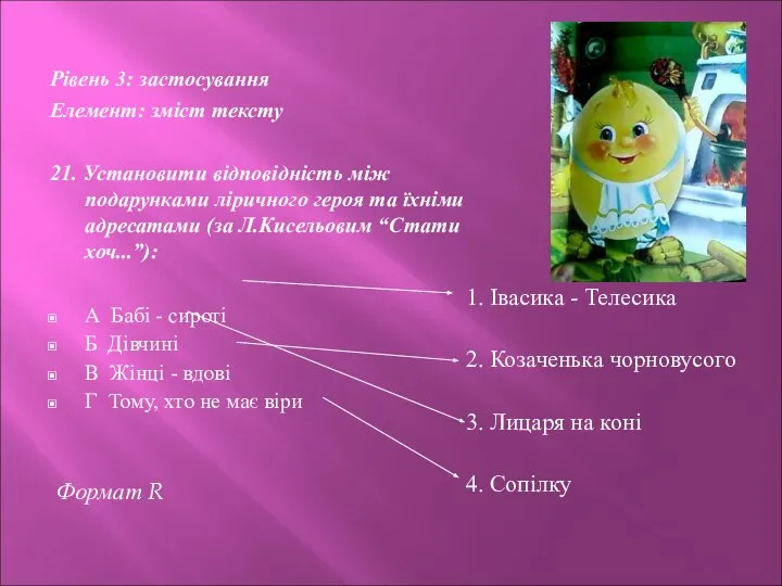 Рівень 3: застосування Елемент: зміст тексту 21. Установити відповідність між подарунками ліричного