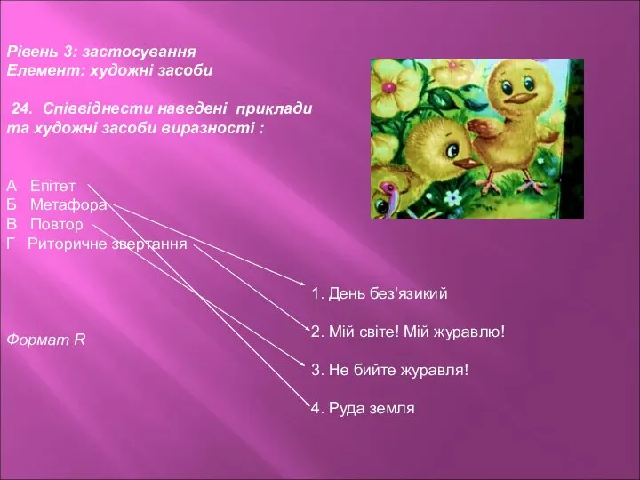 Рівень 3: застосування Елемент: художні засоби 24. Співвіднести наведені приклади та художні