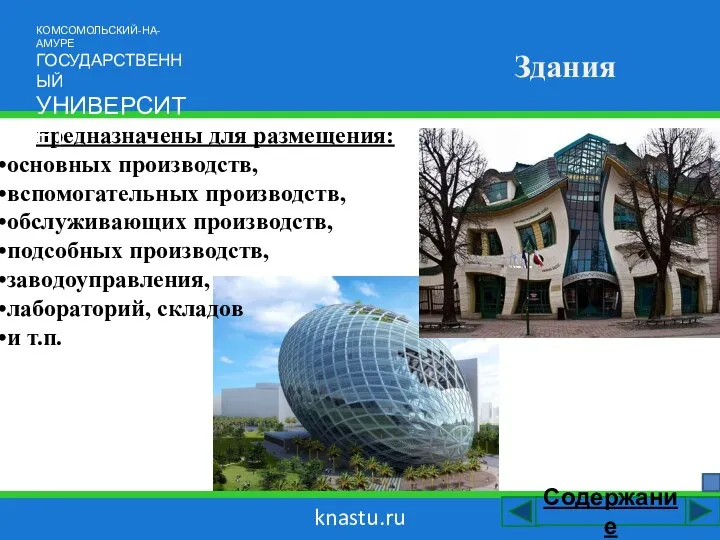 knastu.ru Здания предназначены для размещения: основных производств, вспомогательных производств, обслуживающих производств, подсобных