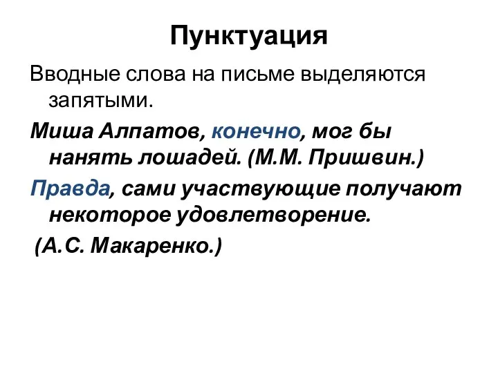 Пунктуация Вводные слова на письме выделяются запятыми. Миша Алпатов, конечно, мог бы