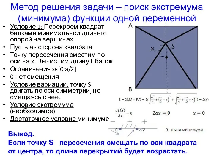 Условие 1: Перекроем квадрат балками минимальной длины с опорой на вершинах Пусть