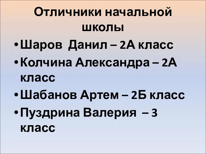 Отличники начальной школы Шаров Данил – 2А класс Колчина Александра – 2А