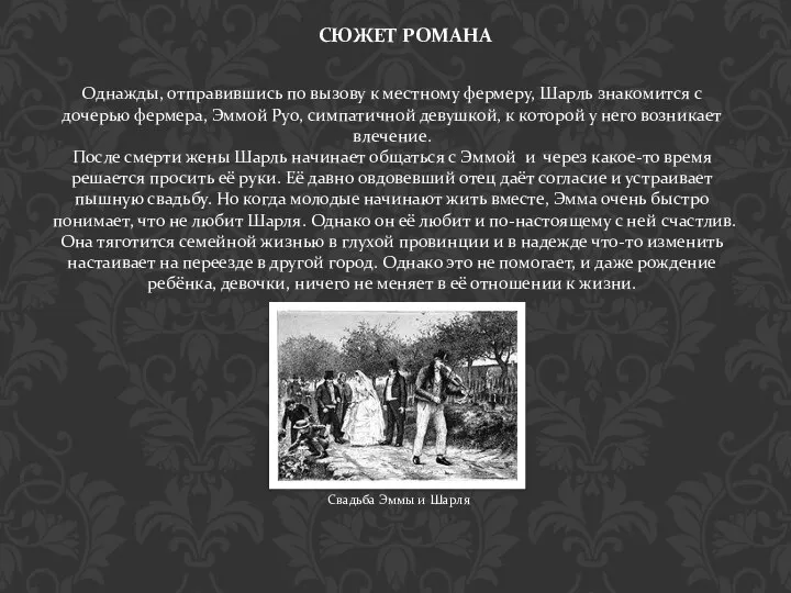 СЮЖЕТ РОМАНА Однажды, отправившись по вызову к местному фермеру, Шарль знакомится с