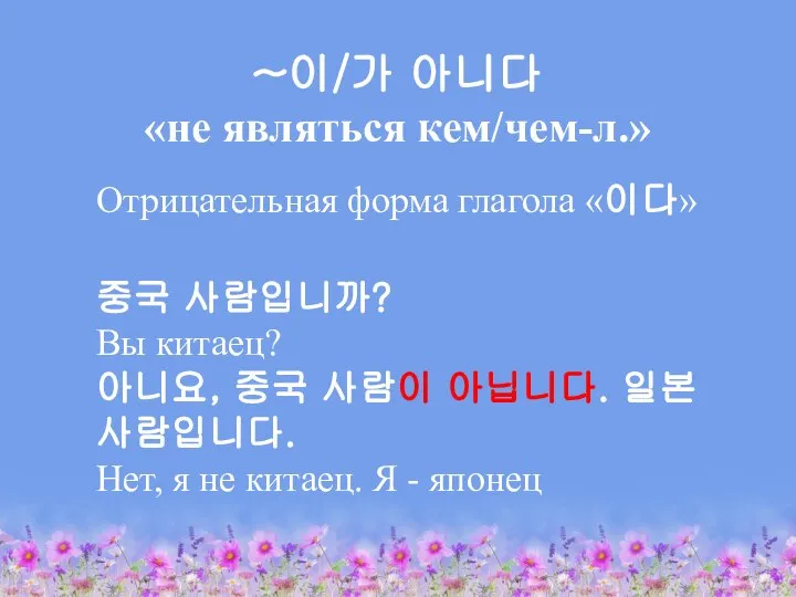 ~이/가 아니다 «не являться кем/чем-л.» Отрицательная форма глагола «이다» 중국 사람입니까? Вы