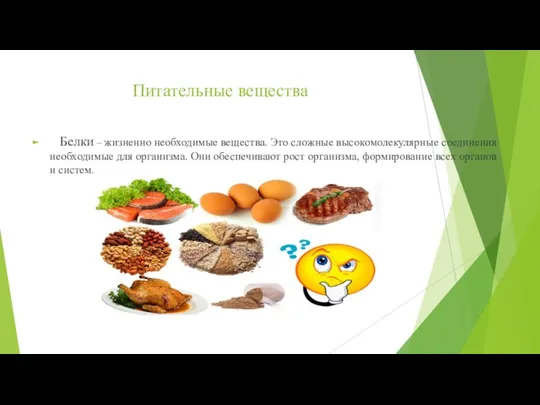 Питательные вещества Белки – жизненно необходимые вещества. Это сложные высокомолекулярные соединения необходимые