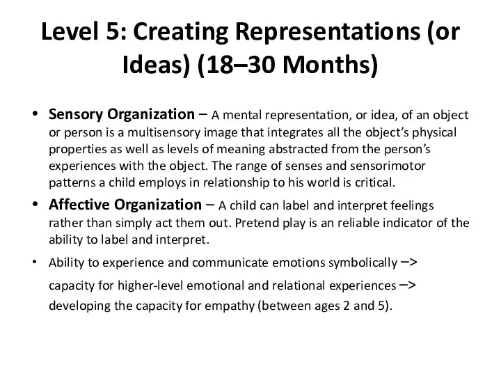 Level 5: Creating Representations (or Ideas) (18–30 Months) Sensory Organization – A
