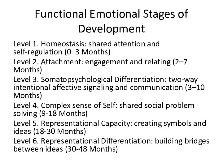 Functional Emotional Stages of Development Level 1. Homeostasis: shared attention and self-regulation