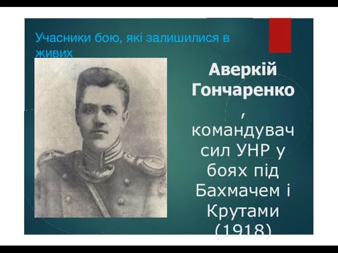 Учасники бою, які залишилися в живих Аверкій Гончаренко, командувач сил УНР у