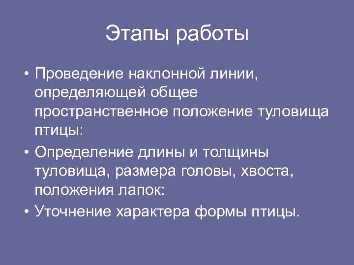 Этапы работы Проведение наклонной линии, определяющей общее пространственное положение туловища птицы: Определение