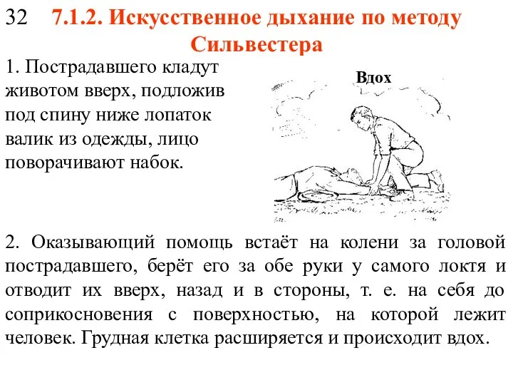 7.1.2. Искусственное дыхание по методу Сильвестера 1. Пострадавшего кладут животом вверх, подложив