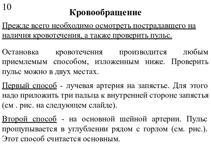 Кровообращение Прежде всего необходимо осмотреть пострадавшего на наличия кровотечения, а также проверить