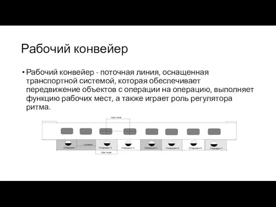 Рабочий конвейер Рабочий конвейер - поточная линия, оснащенная транспортной системой, которая обеспечивает