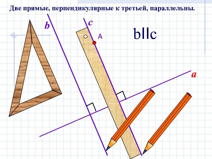 А a b c bIIc Две прямые, перпендикулярные к третьей, параллельны.