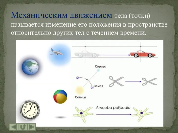 Механическим движением тела (точки) называется изменение его положения в пространстве относительно других тел с течением времени.