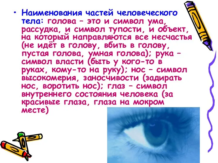 Наименования частей человеческого тела: голова – это и символ ума, рассудка, и