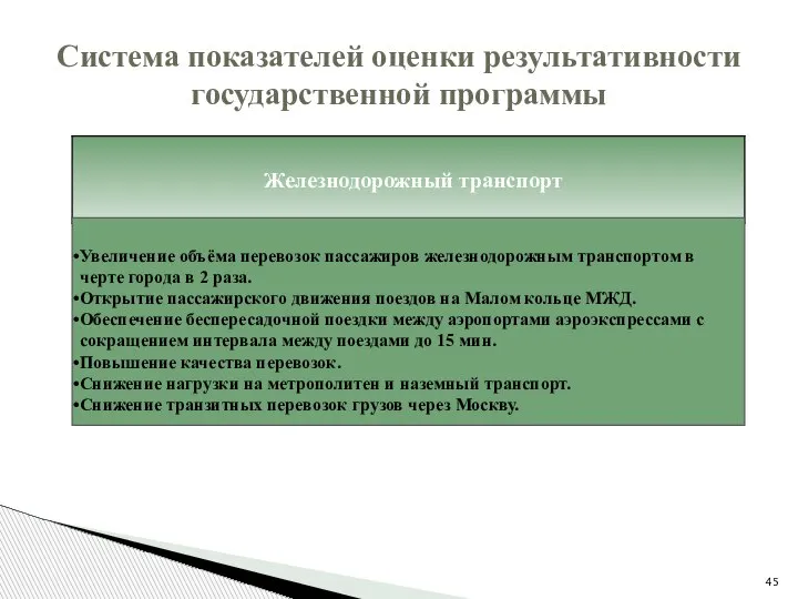 Система показателей оценки результативности государственной программы Увеличение объёма перевозок пассажиров железнодорожным транспортом