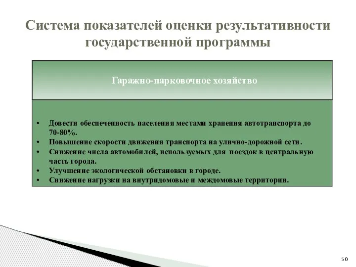 Система показателей оценки результативности государственной программы Довести обеспеченность населения местами хранения автотранспорта