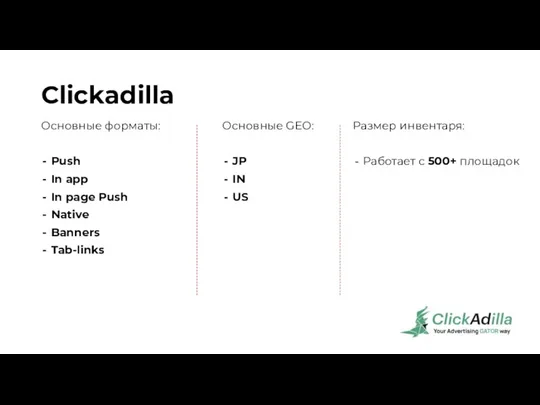 Clickadilla Основные форматы: Push In app In page Push Native Banners Tab-links