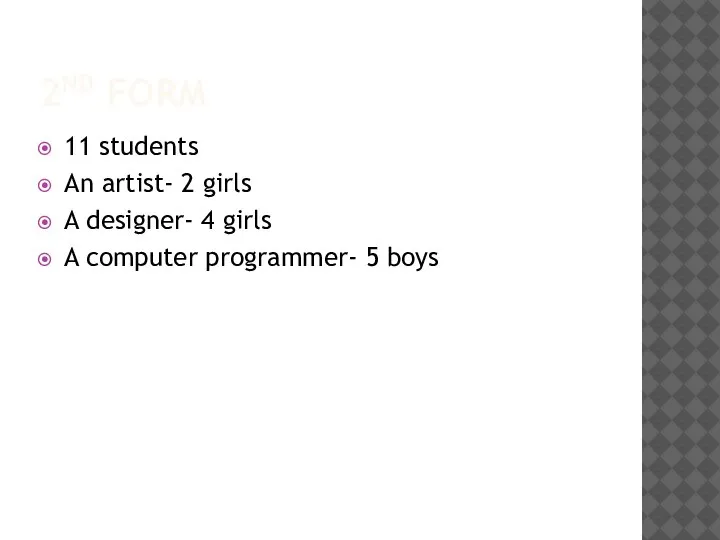 2ND FORM 11 students An artist- 2 girls A designer- 4 girls