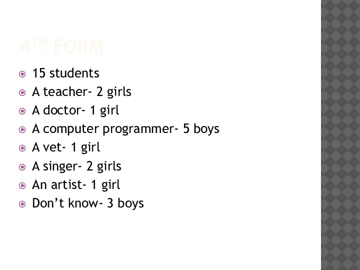 4TH FORM 15 students A teacher- 2 girls A doctor- 1 girl