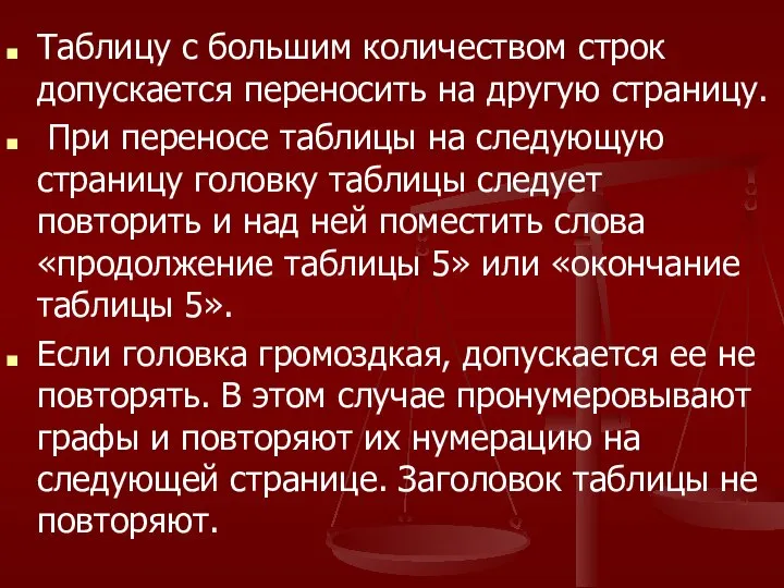 Таблицу с большим количеством строк допускается переносить на другую страницу. При переносе