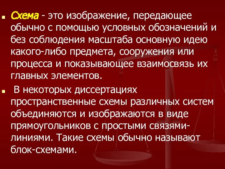 Схема - это изображение, передающее обычно с помощью условных обозначений и без