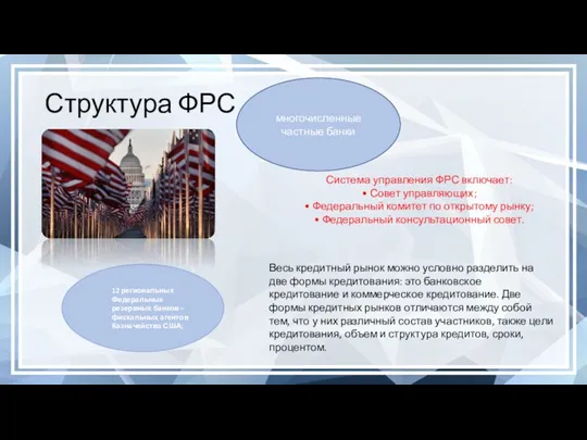 Структура ФРС 12 региональных Федеральных резервных банков – фискальных агентов Казначейства США;